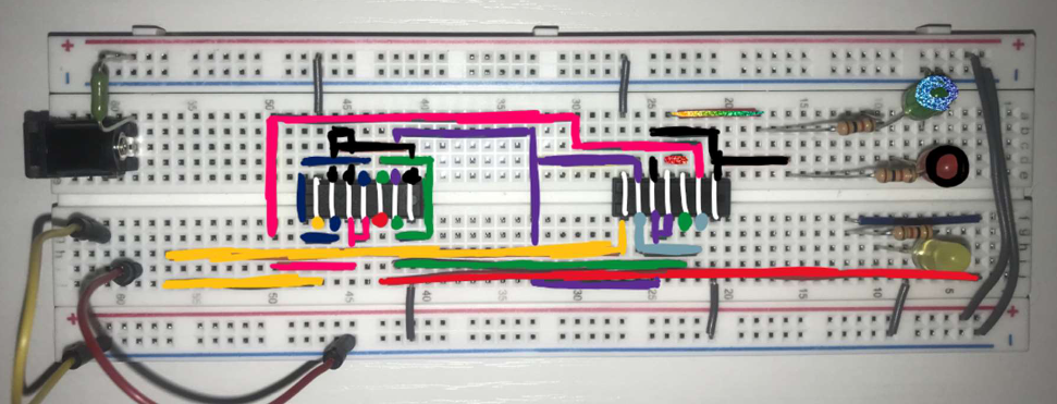 Breadboard color-coded to match the diagram above.